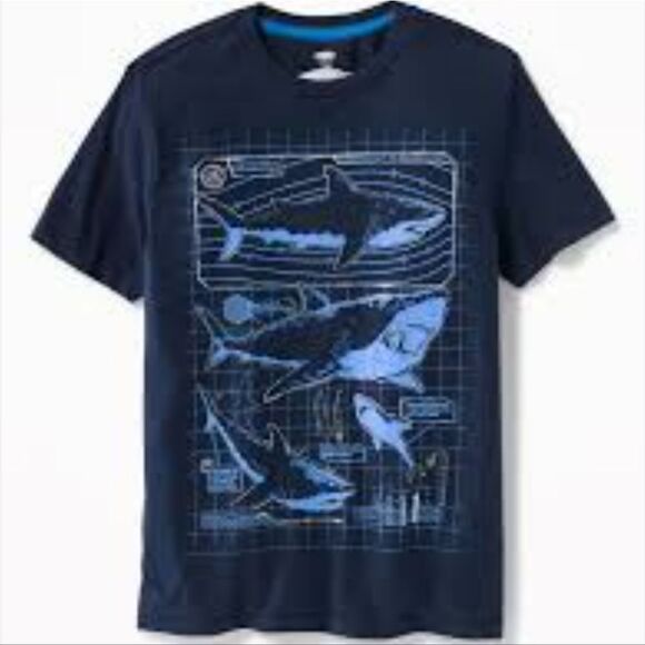 🚗 SALE! 5/$50 OLD NAVY Boys LG (10-12) shark facts shirt - Picture 1 of 7